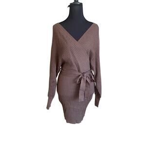 Love Tree Brown Ribbed Knit Sweater Dress Wrap Tie Belt NWT Warm & Cozy Sz S